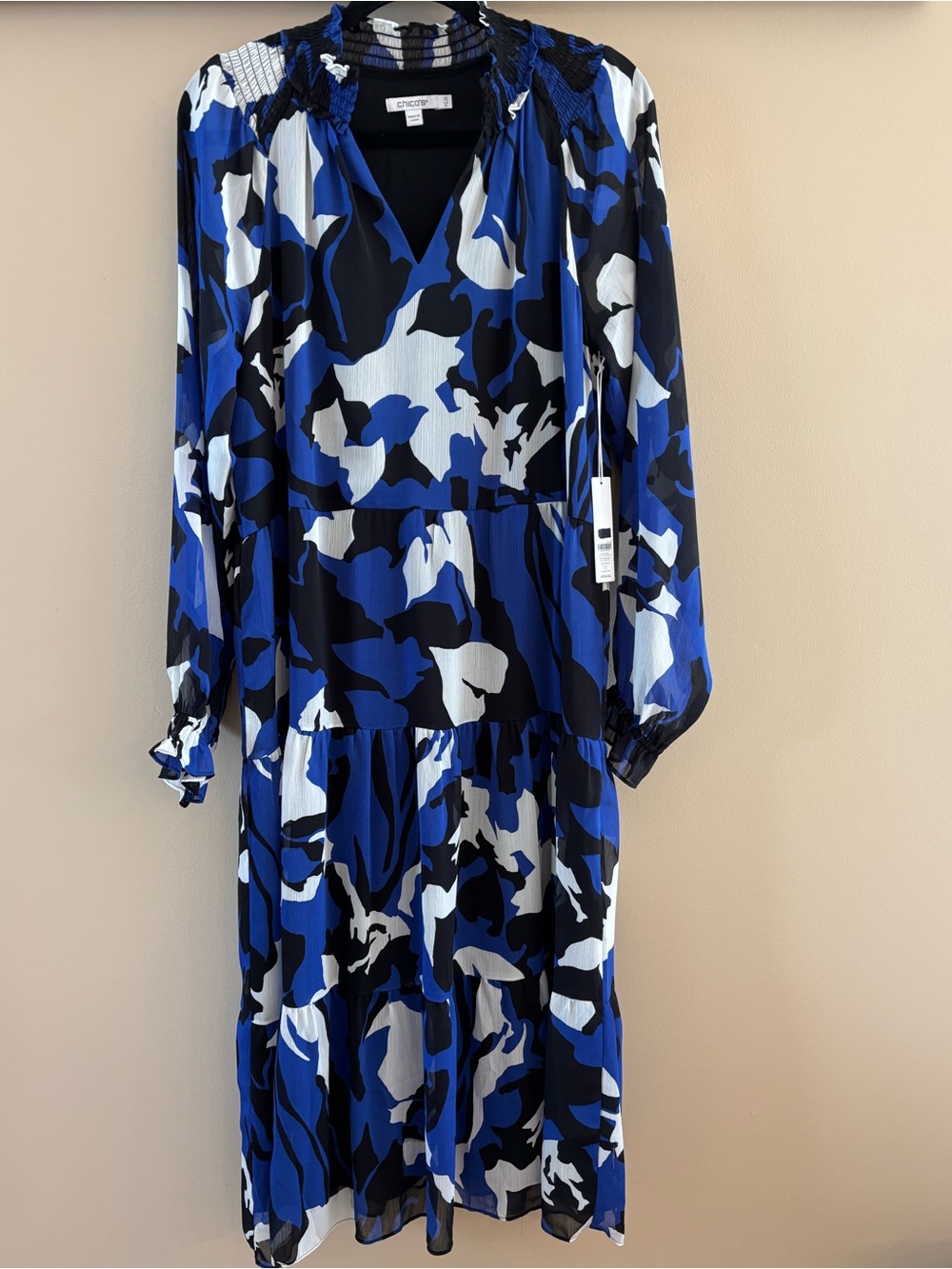Chico's Blue Black White Abstract Tiered Long-Sleeve Dress